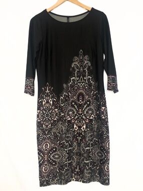 Lori M Collection Paisley Dress Medium Black Plum 3/4 Sleeve Made in Canada